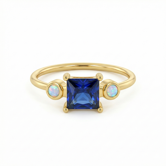 Bague dorée or 18k avec pierre bleue carrée et opales synthétiques