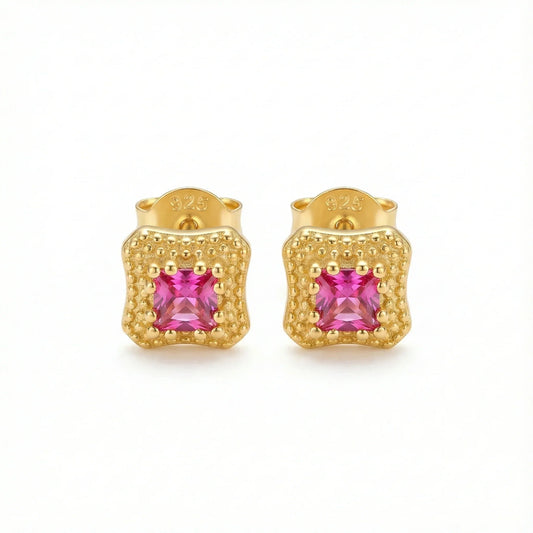 Boucles d’oreilles clous en argent 925 doré avec pierre rose carrée, bijou élégant et raffiné pour femme