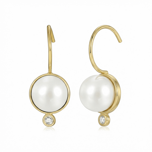 Boucles d’oreilles pendantes dorées or 18k avec perle blanche et zircon