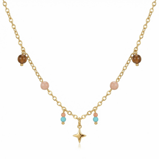 Collier doré en acier inoxydable avec étoile centrale et perles colorées