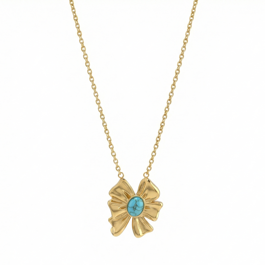 Collier nœud sculpté en acier inoxydable doré avec pierre turquoise ovale