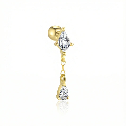 Piercing pour hélix et cartilage finition or, serti d'un cristal losange et d'une pampille goutte d'eau en zircon scintillant
