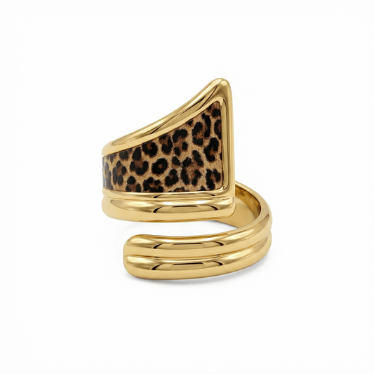 Bague ouverte en acier inoxydable doré avec insert léopard