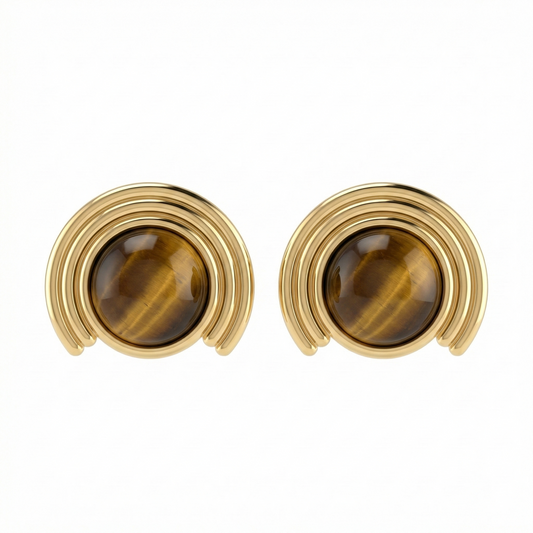 Boucles d’oreilles puces dorées acier inoxydable œil-de-tigre