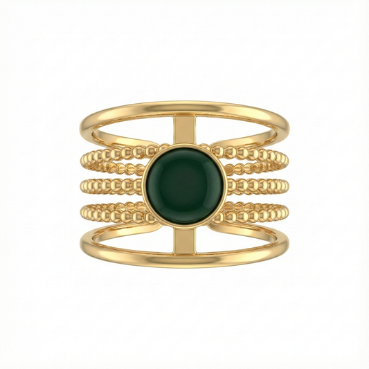 bague acier inoxydable doré perlée pierre verte vue large