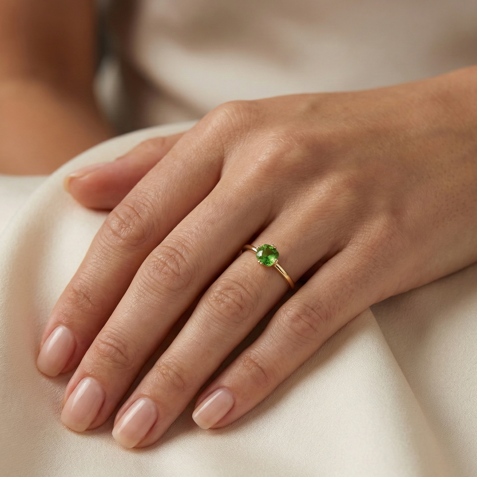 Bague dorée en acier inoxydable avec pierre verte facettée sertie à quatre griffes