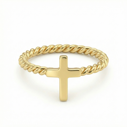 Bague dorée or 18k avec croix lisse horizontale et anneau torsadé