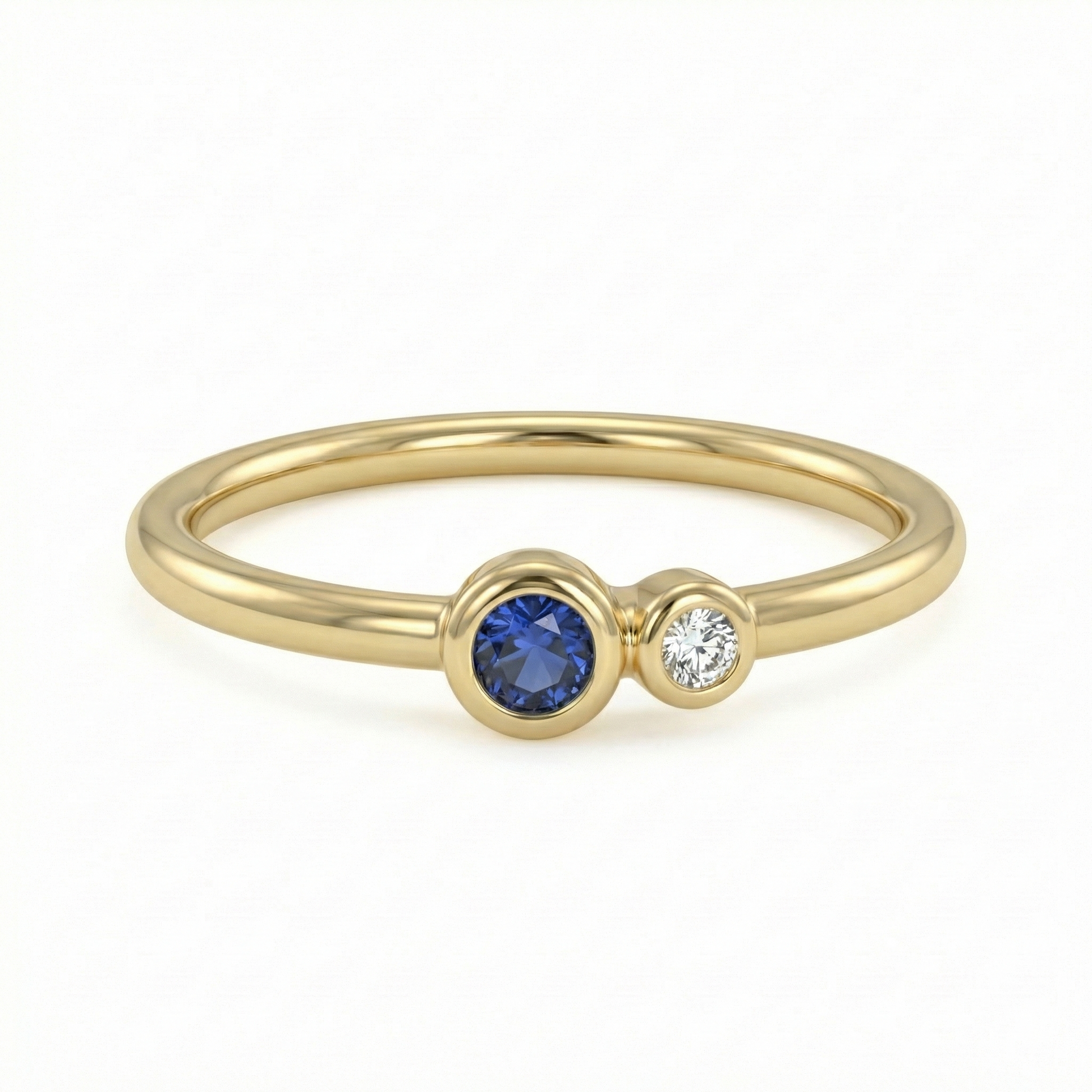 Bague dorée or 18k fine avec pierre bleue ronde et zircon blanc décentrés