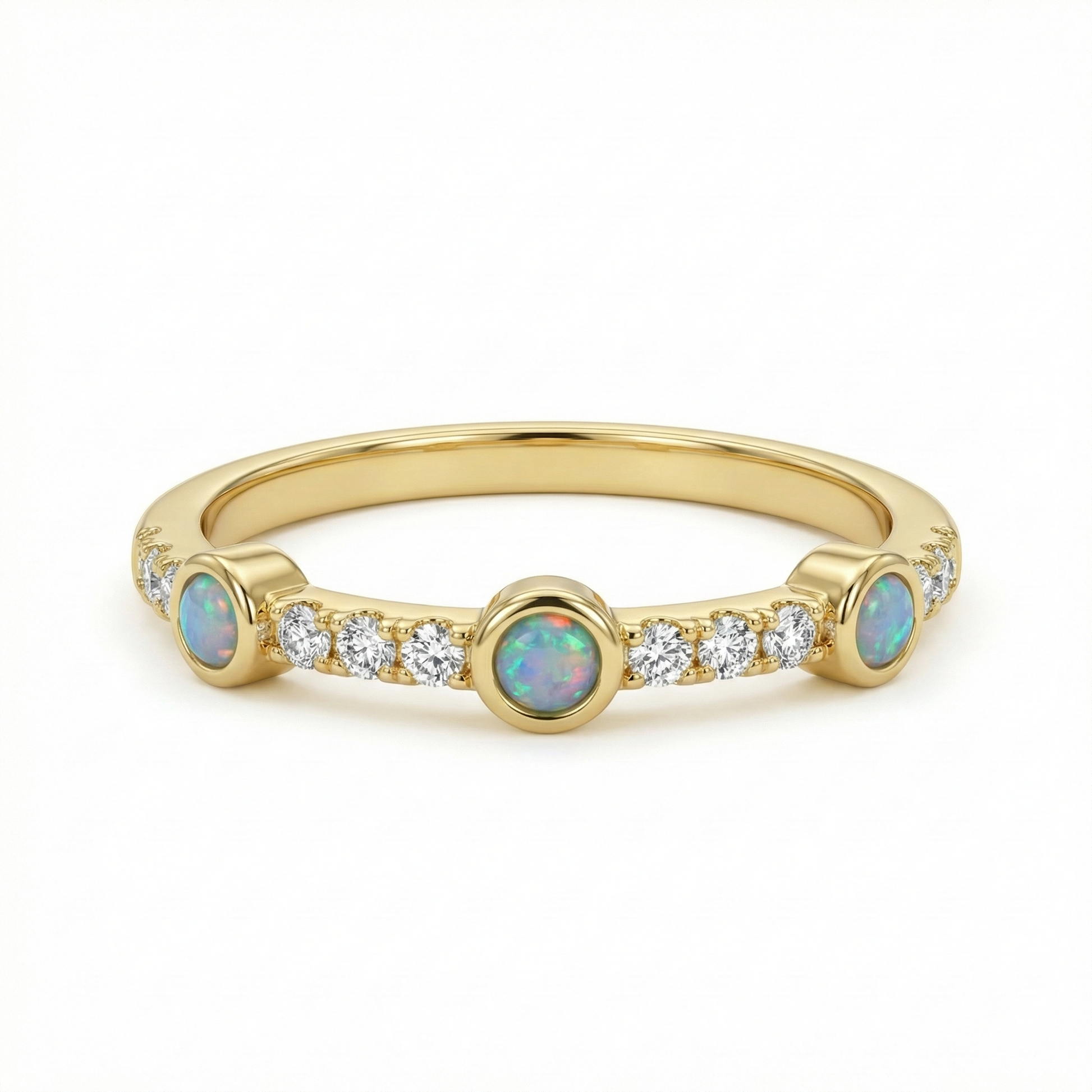 Bague dorée or 18k avec trois opales arc-en-ciel et zircons blancs