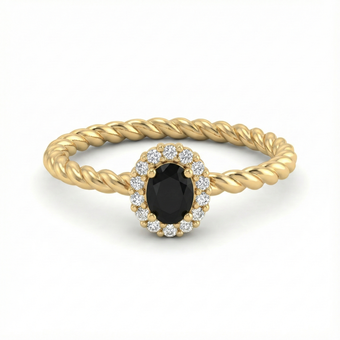 Bague dorée or 18k à anneau torsadé avec pierre noire facettée entourée de zircons blancs, bijou élégant et contrasté