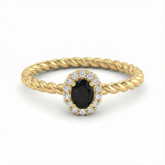Bague dorée or 18k à anneau torsadé avec pierre noire facettée entourée de zircons blancs, bijou élégant et contrasté