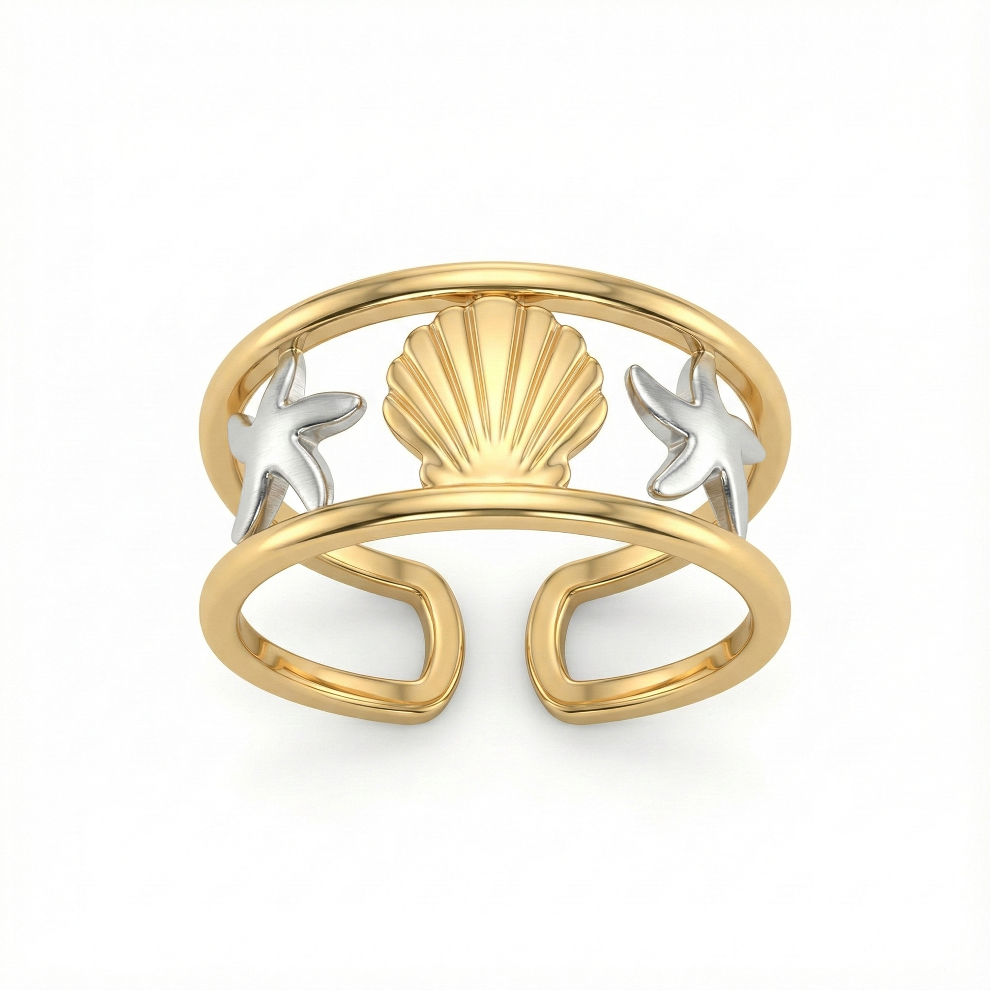 Bague marine dorée avec coquille et étoiles de mer