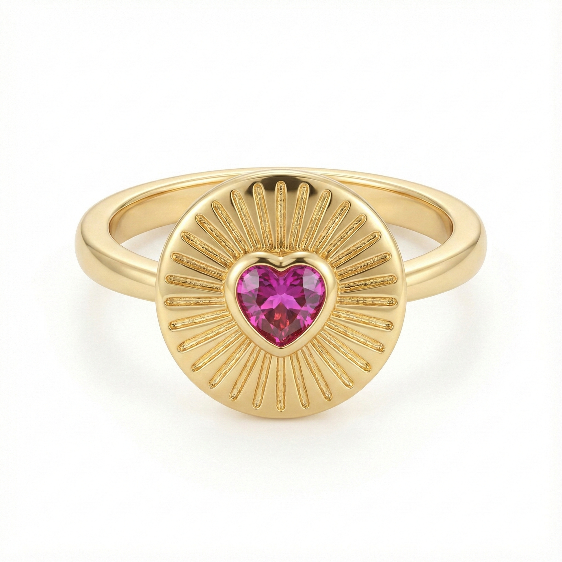 Bague médaillon solaire en acier inoxydable doré avec cœur rose fuchsia facetté et rayons ciselés, bijou symbolique lumineux