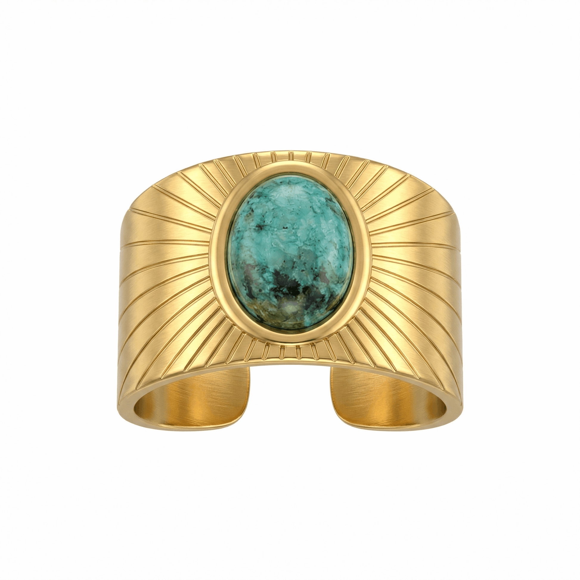 Bague ouverte en acier inoxydable doré avec pierre verte cabochon, design structuré gravé, bijou de caractère pour usage quotidien