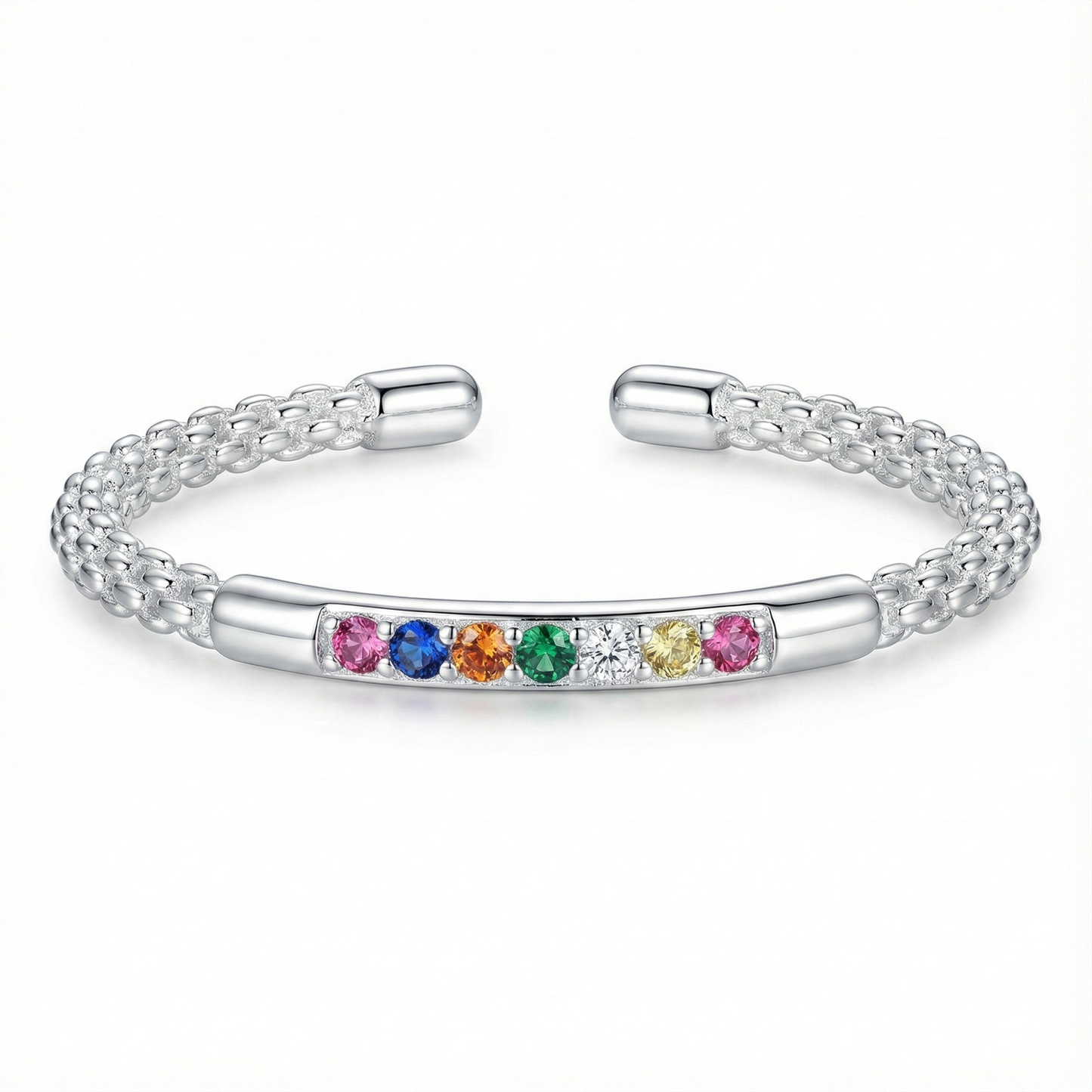 Bague ouverte réglable argentée avec anneau texturé perlé et barrette de pierres zircons multicolores style arc-en-ciel.