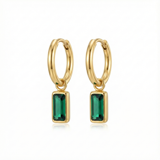 boucles d’oreilles créoles acier inoxydable doré vertes rectangle vue large