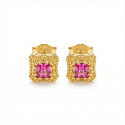 Boucles d’oreilles clous en argent 925 doré avec pierre rose carrée, bijou élégant et raffiné pour femme