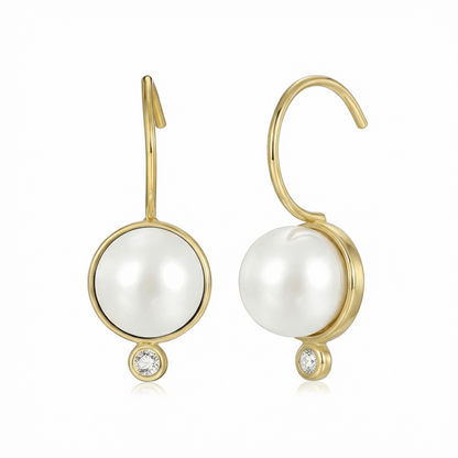 Boucles d’oreilles pendantes dorées or 18k avec perle blanche et zircon