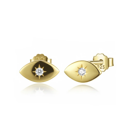 Boucles d’oreilles clous en argent 925 doré en forme d’œil serties d’une pierre blanche, bijou symbolique et élégant pour femme