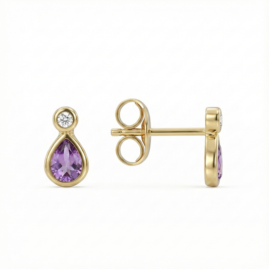 Boucles d’oreilles puces goutte dorées or 18k avec pierre violette style améthyste et zircon blanc
