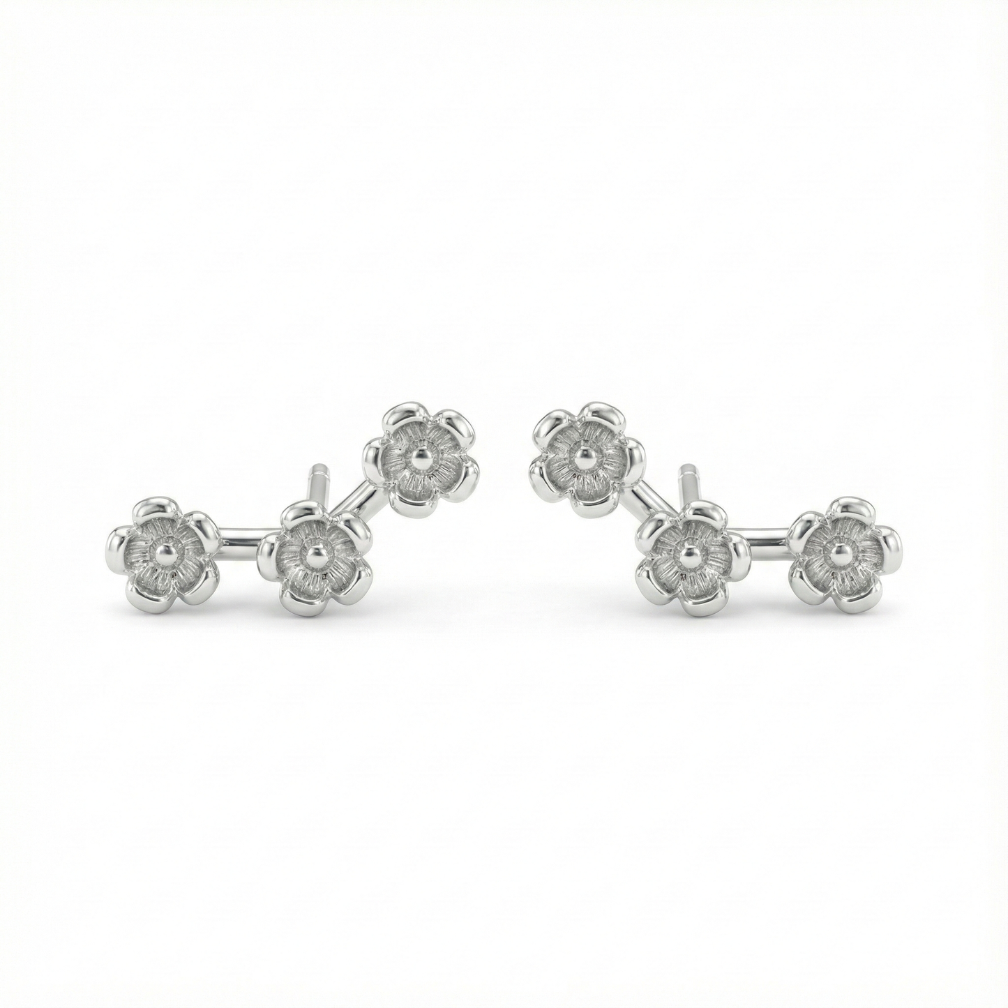 Puces d'oreilles motif trio de fleurs en argent pur 999 (argent fin), bijou floral hypoallergénique haute qualité.