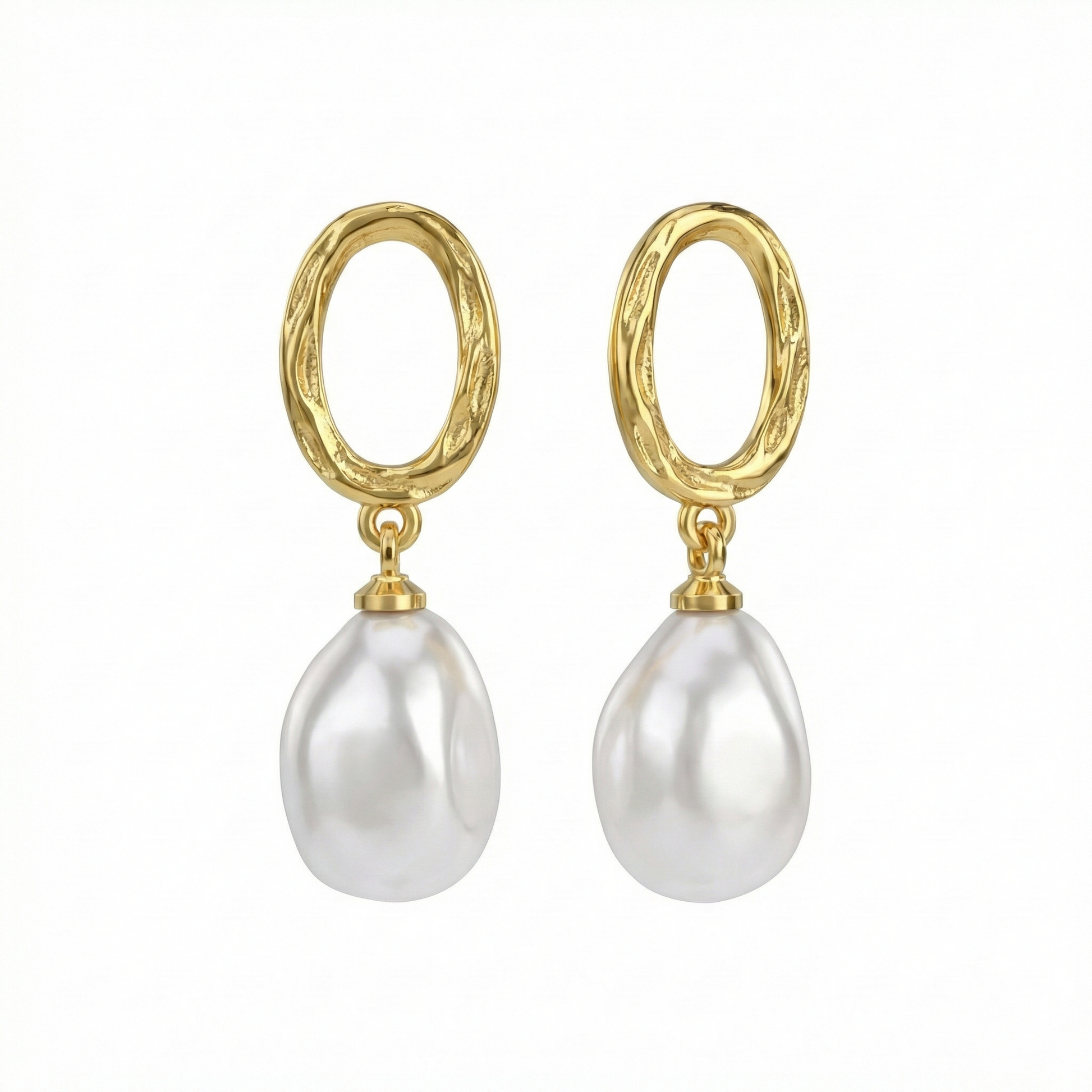 Boucles d’oreilles pendantes dorées or 18k avec ovale texturé et perle blanche baroque