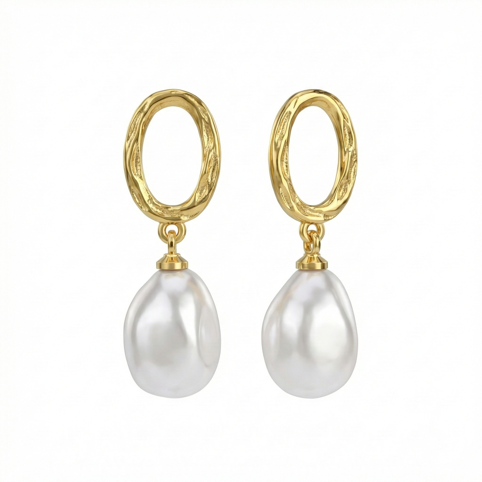 Boucles d’oreilles pendantes dorées or 18k avec ovale texturé et perle blanche baroque