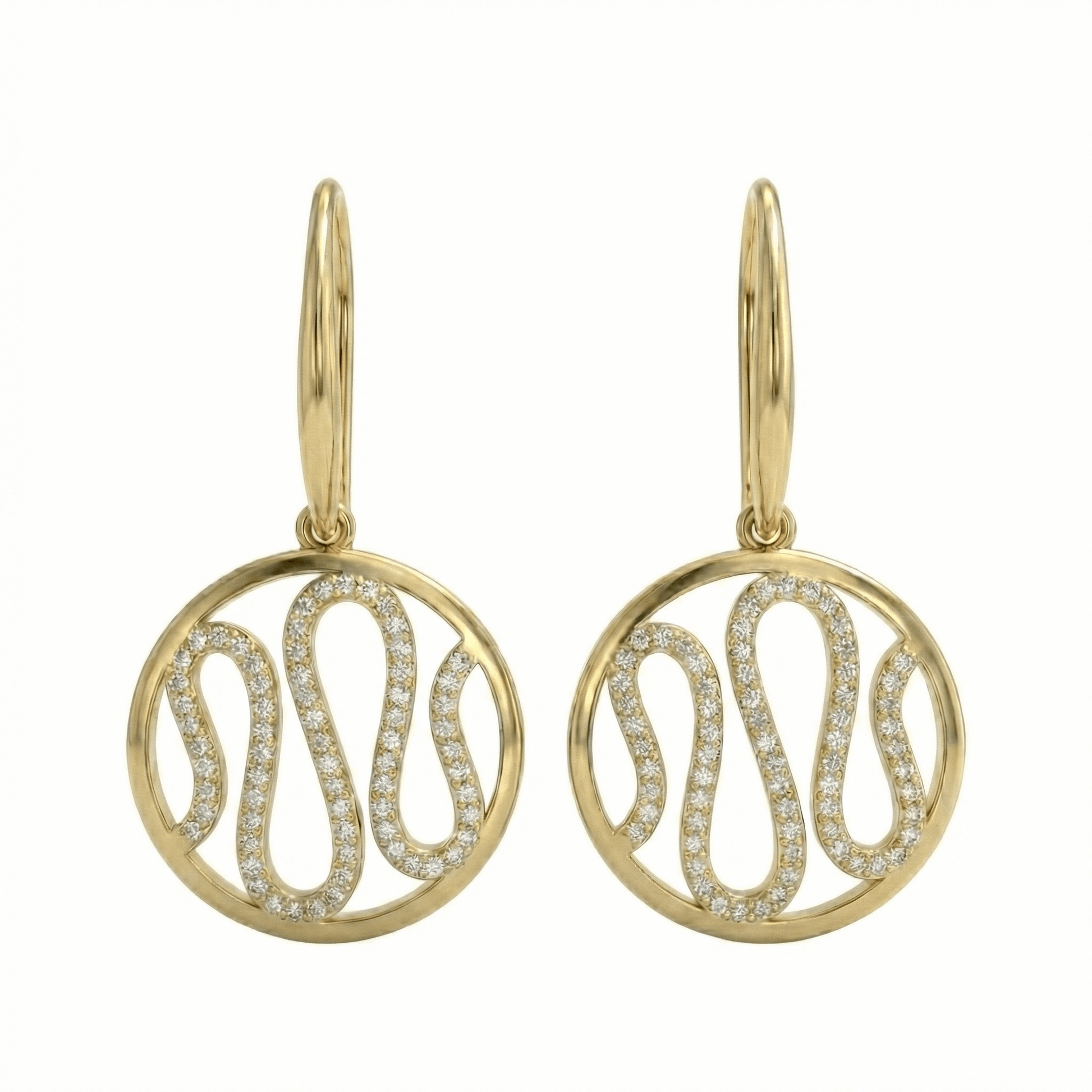 Boucles pendantes dorées or 18k serties de pierres, design graphique arrondi, fermoir crochet, élégantes pour un usage quotidien