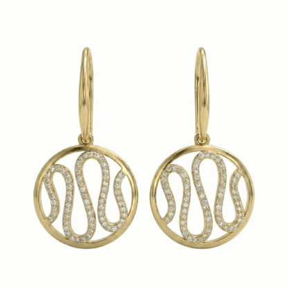 Boucles pendantes dorées or 18k serties de pierres, design graphique arrondi, fermoir crochet, élégantes pour un usage quotidien