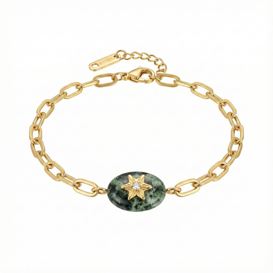 bracelet acier inoxydable doré pierre verte étoile vue large