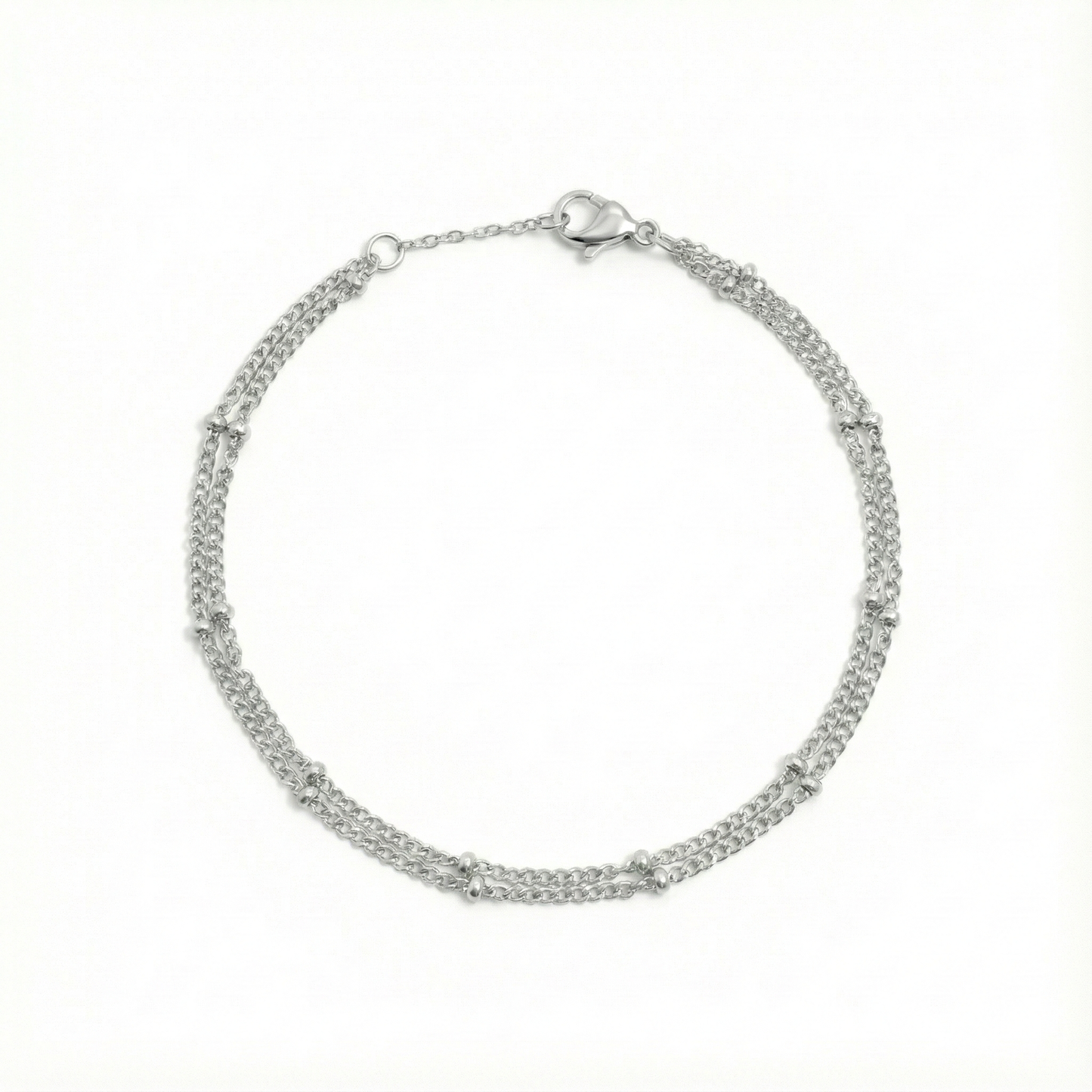 Bracelet double chaîne perlée argentée en acier inoxydable