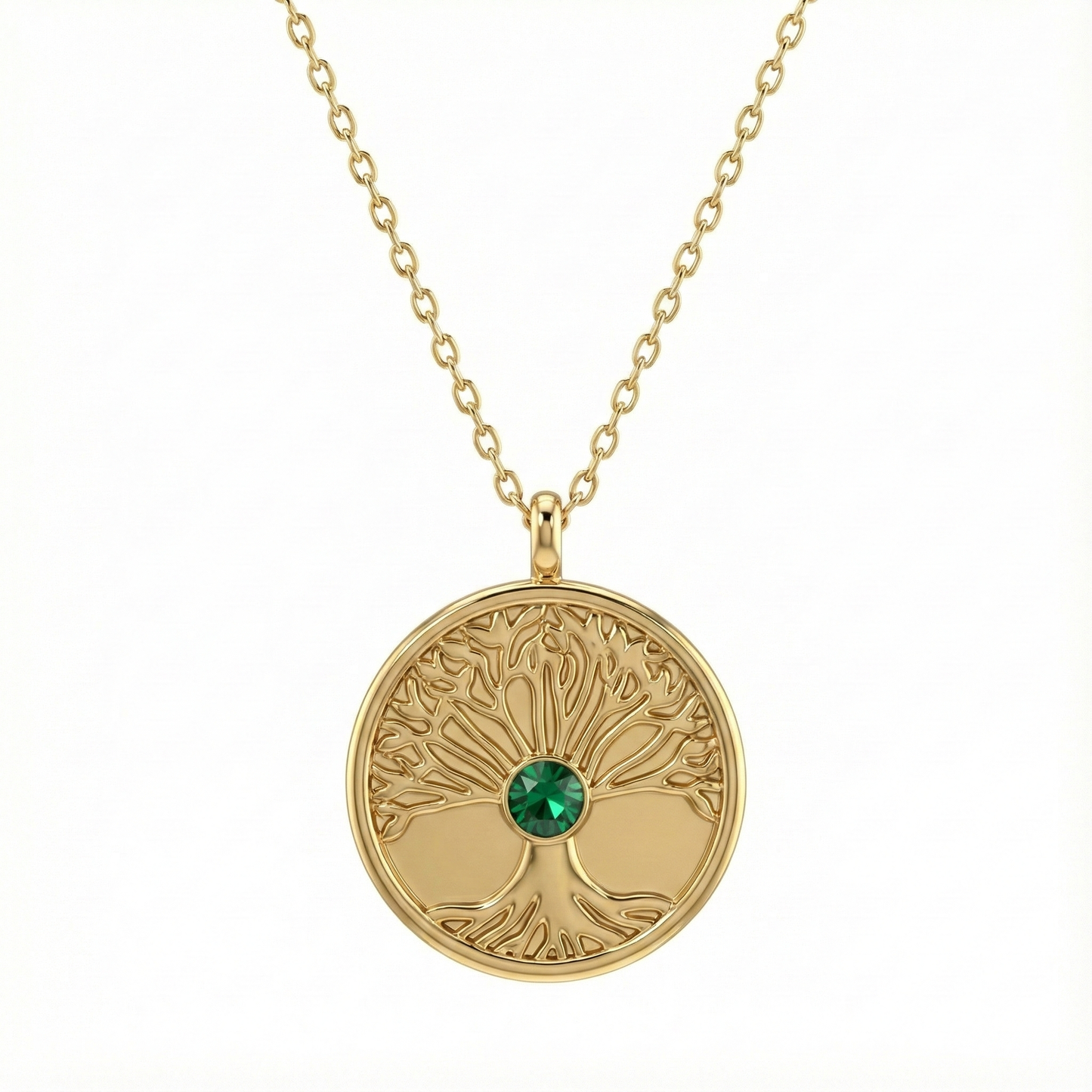 collier acier inoxydable doré arbre de vie cristal vert