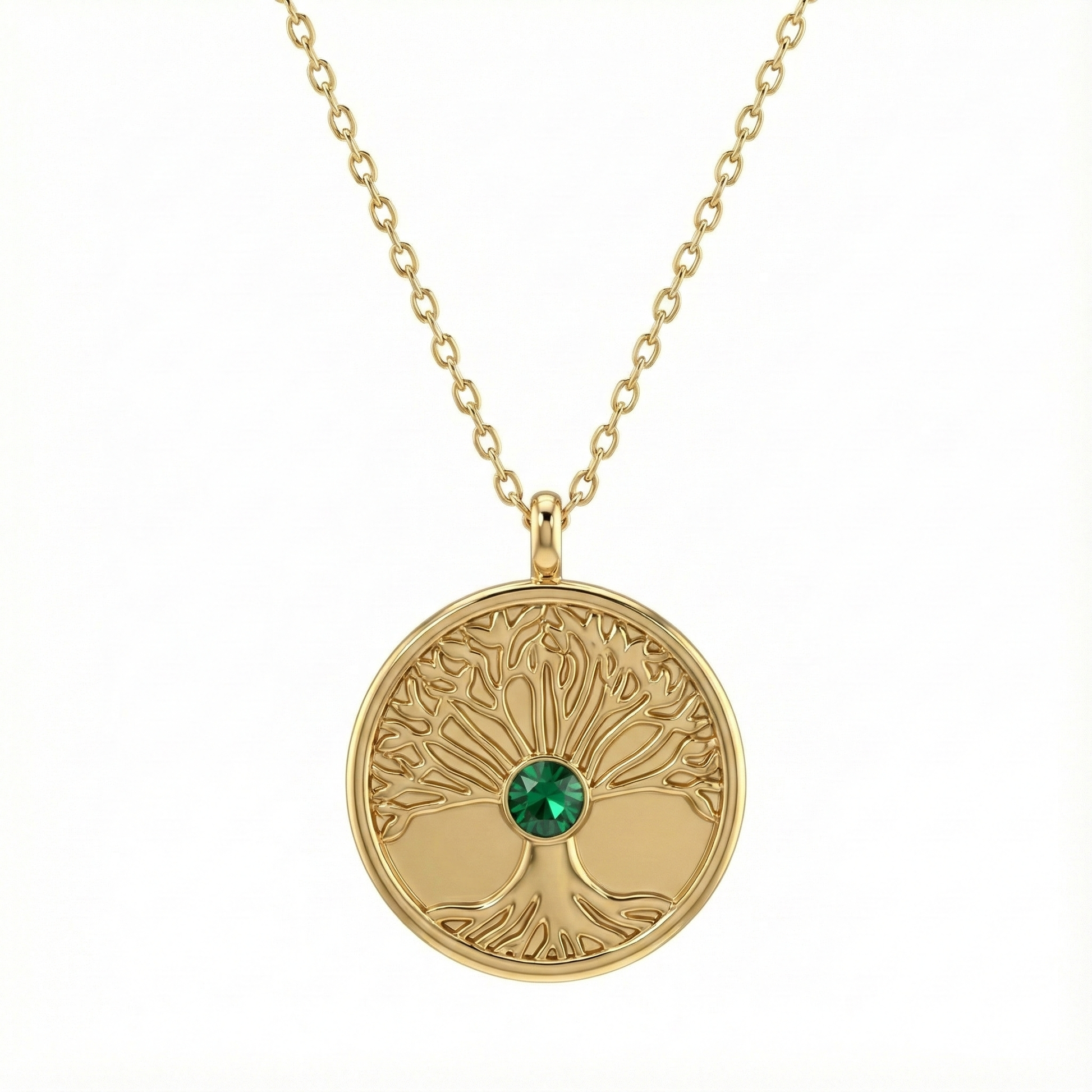 collier acier inoxydable doré arbre de vie cristal vert