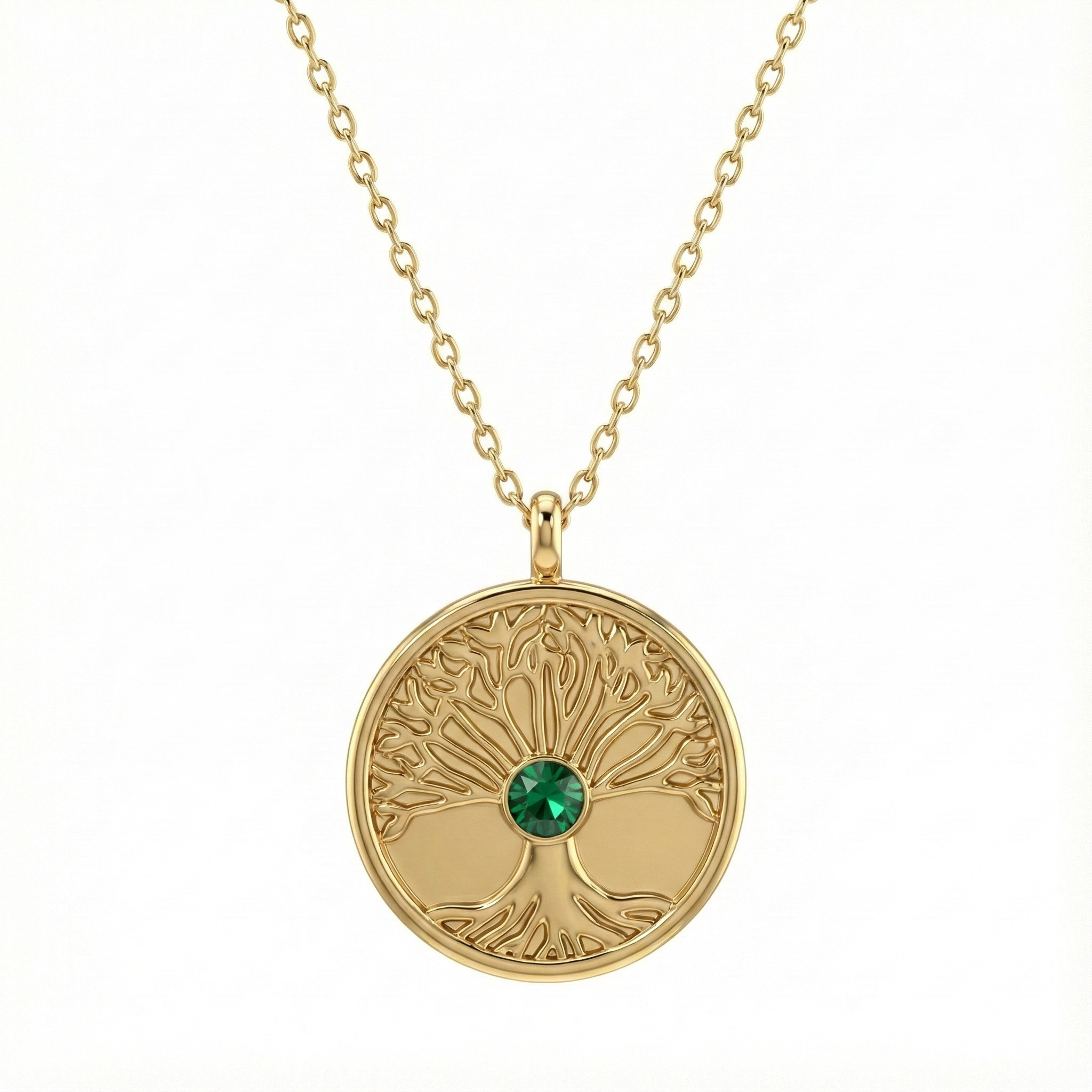 collier acier inoxydable doré arbre de vie cristal vert