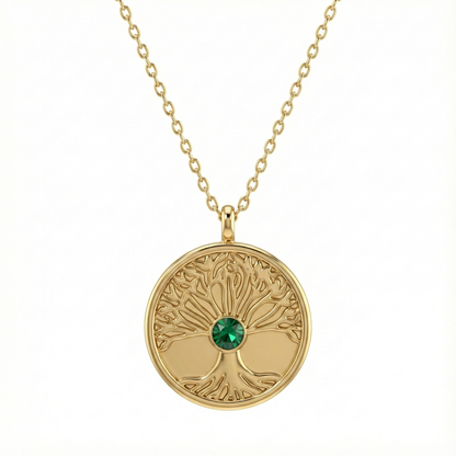 collier acier inoxydable doré arbre de vie cristal vert