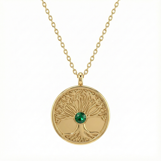 collier acier inoxydable doré arbre de vie cristal vert