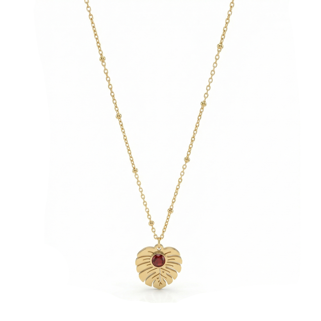 collier acier inoxydable doré feuille Monstera pierre rouge vue large