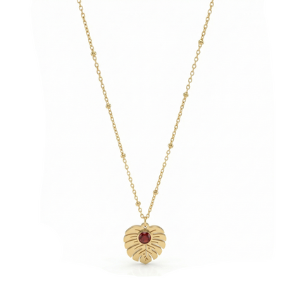 collier acier inoxydable doré feuille Monstera pierre rouge vue large