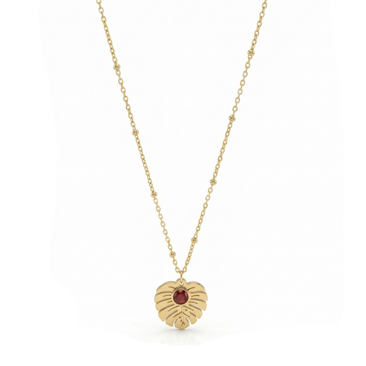 collier acier inoxydable doré feuille Monstera pierre rouge vue large