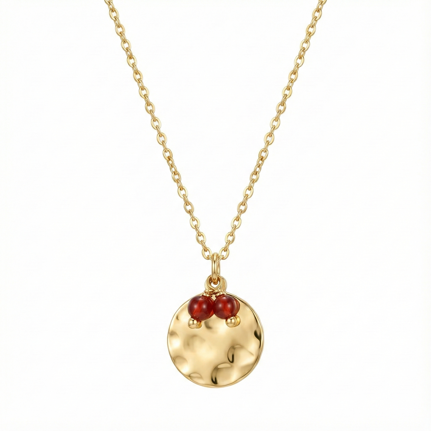 collier acier inoxydable doré lune martelée pierre grenat vue large