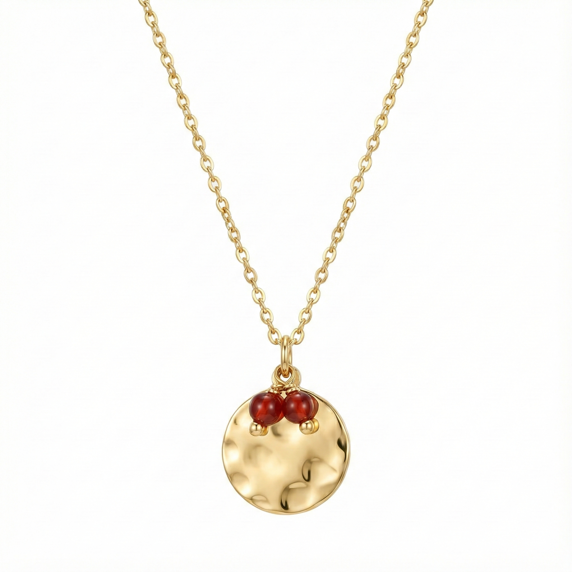 collier acier inoxydable doré lune martelée pierre grenat vue large
