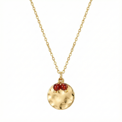 collier acier inoxydable doré lune martelée pierre grenat vue large