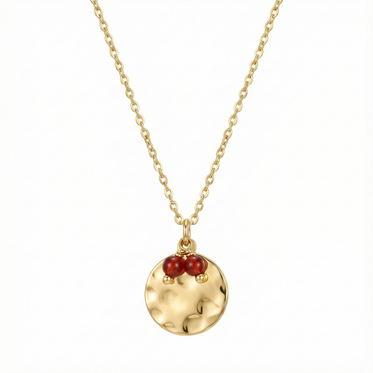 collier acier inoxydable doré lune martelée pierre grenat vue large