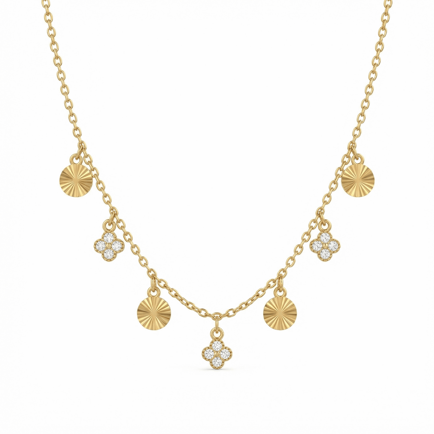 Collier en acier inoxydable doré avec pampilles gravées et motifs sertis de pierres claires, chaîne ajustable élégante pour usage quotidien