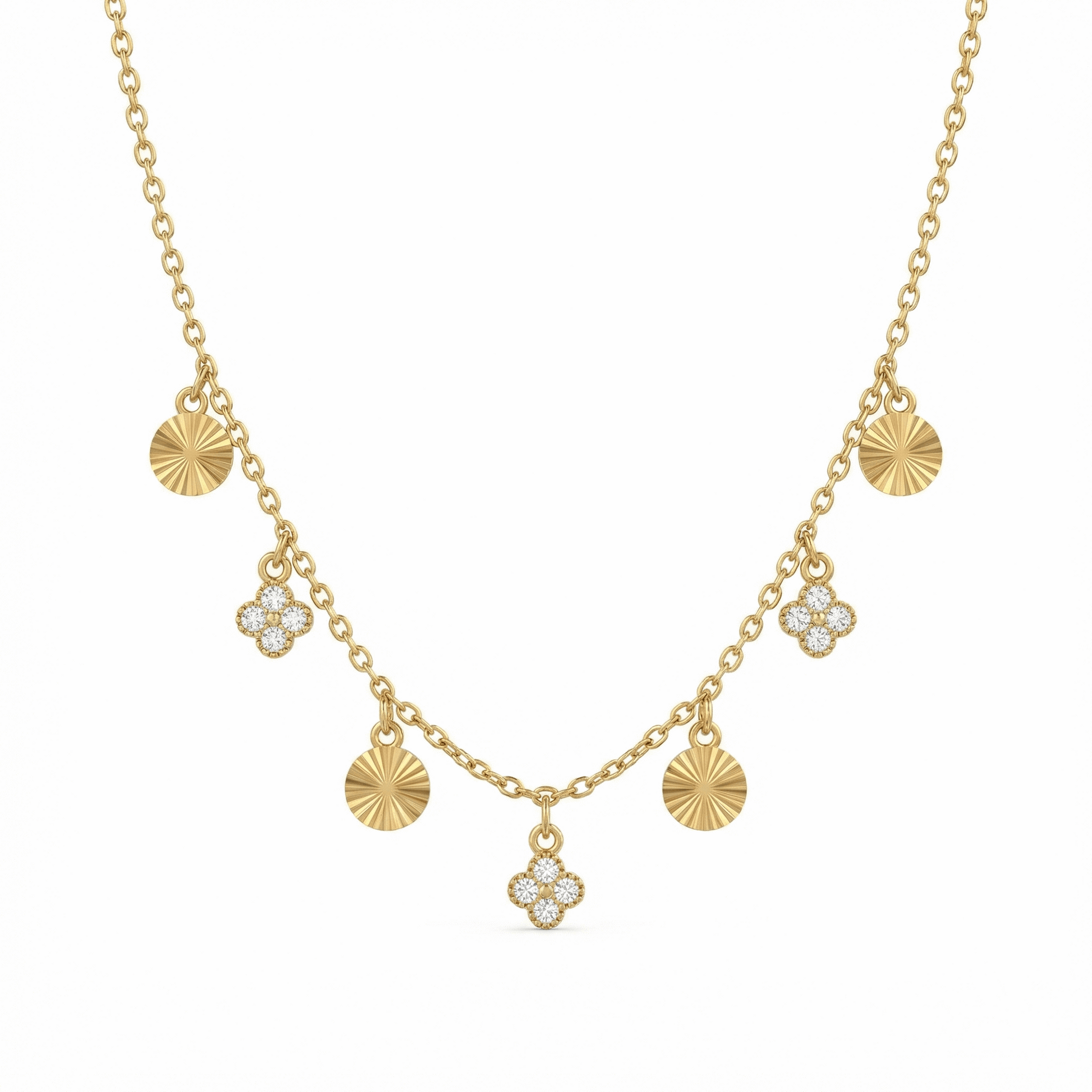 Collier en acier inoxydable doré avec pampilles gravées et motifs sertis de pierres claires, chaîne ajustable élégante pour usage quotidien