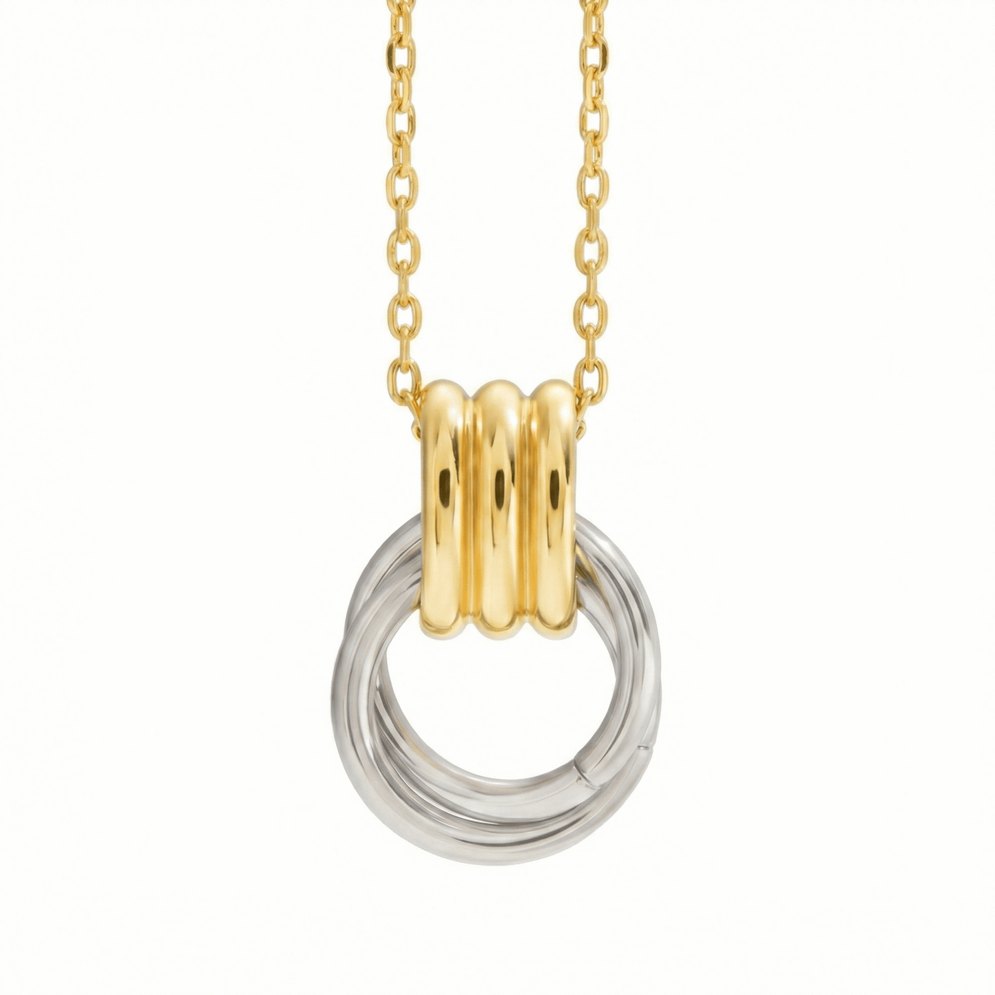 Collier en acier inoxydable doré avec pendentif anneaux entrelacés, chaîne ajustable 40 + 5 cm, bijou moderne pour usage quotidien