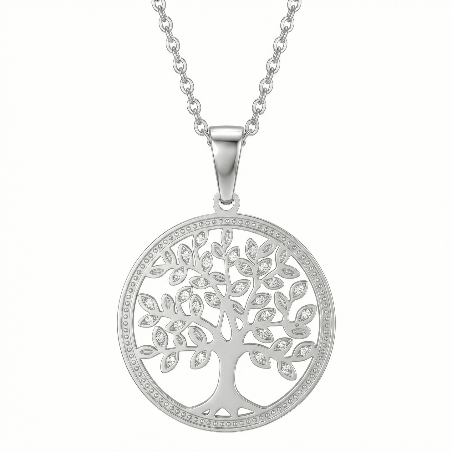 Collier arbre de vie en acier inoxydable couleur acier serti de pierres
