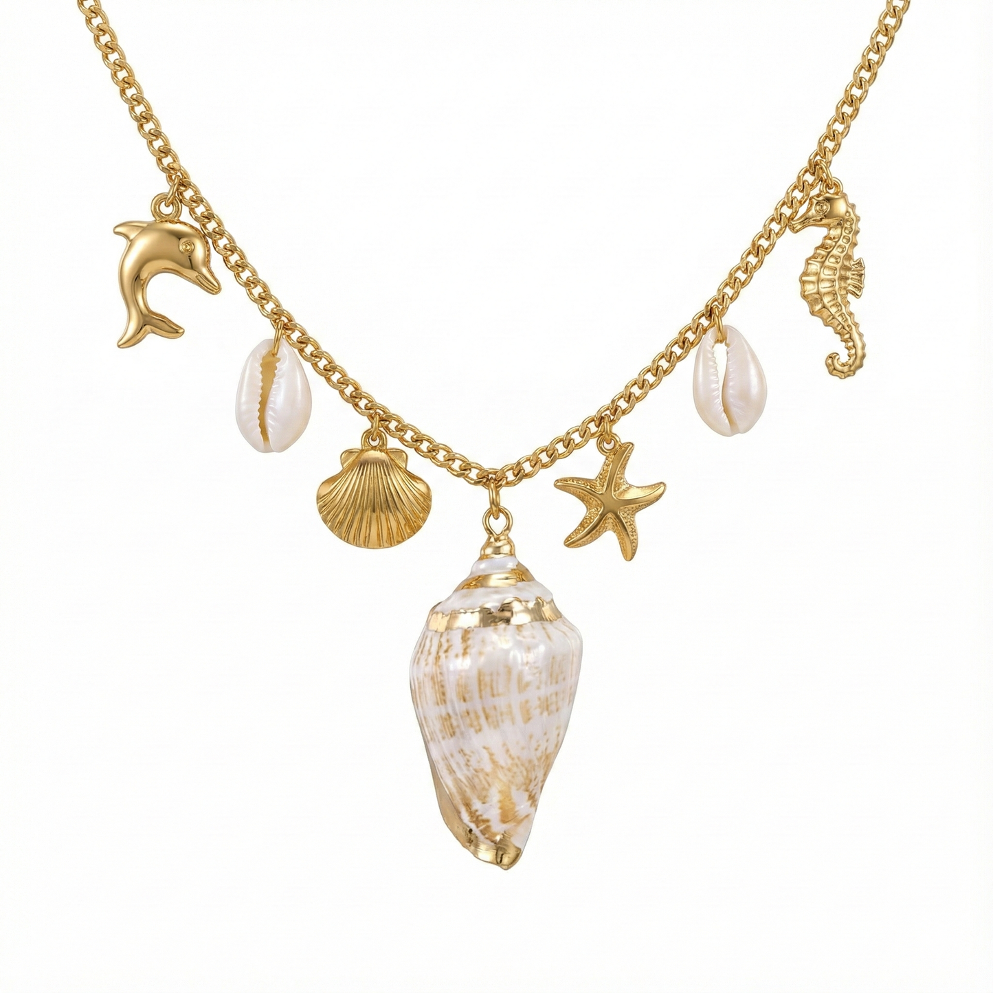 Collier charms marins avec coquillage en acier inoxydable doré