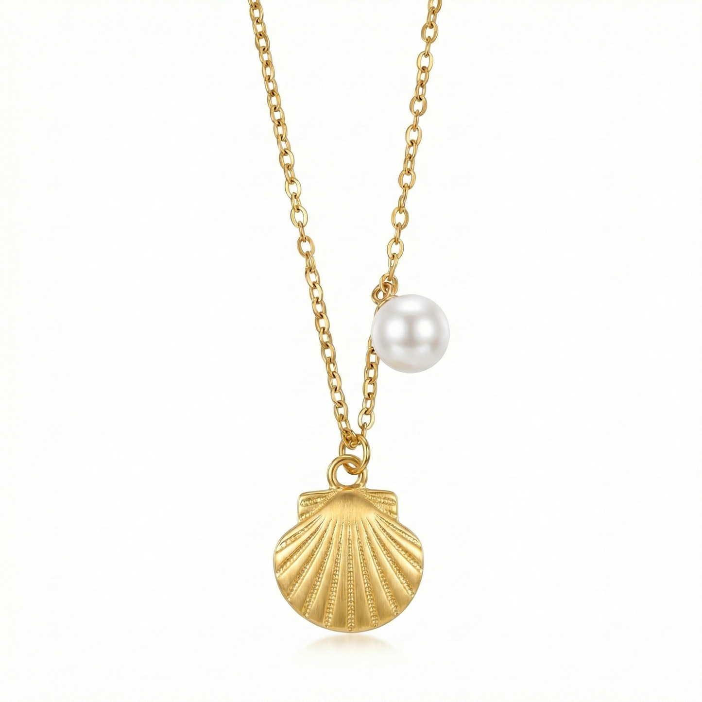Collier doré en acier inoxydable avec pendentif coquillage et perle blanche nacrée