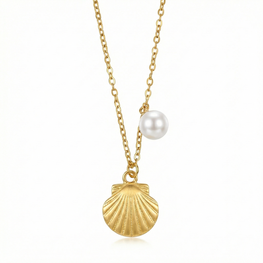 Collier doré en acier inoxydable avec pendentif coquillage et perle blanche nacrée
